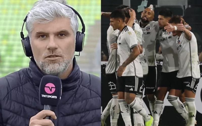 Primer plano de Manuel de Tezanos. Jugadores de Colo-Colo celebrando un gol.