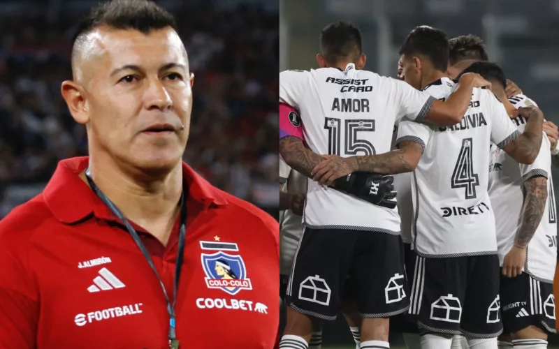 Primer plano de Jorge Almirón. Jugadores de Colo-Colo abrazados.