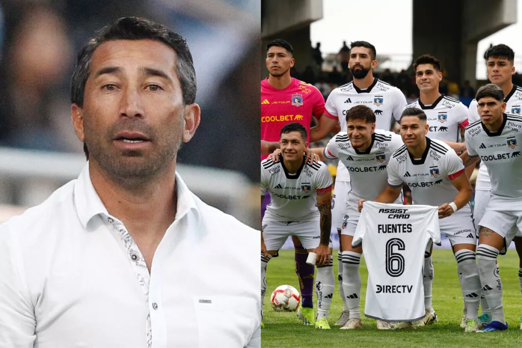 A mano izquierda el histórico jugador de Cobreloa y La Roja, Rodrigo Pérez, en su rol de entrenador con una camisa blanca. Por su parte, en el sector derecho aparece algunos futbolistas de Colo-Colo levantando una camiseta de César Fuentes en plena fotografía oficial durante un partido de la temporada 2024.