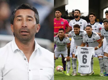 A mano izquierda el histórico jugador de Cobreloa y La Roja, Rodrigo Pérez, en su rol de entrenador con una camisa blanca. Por su parte, en el sector derecho aparece algunos futbolistas de Colo-Colo levantando una camiseta de César Fuentes en plena fotografía oficial durante un partido de la temporada 2024.