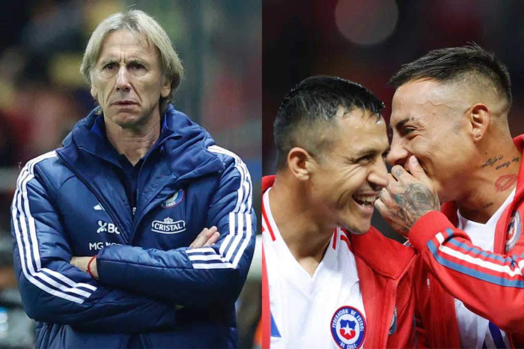 Primer plano de Ricardo Gareca, Alexis Sánchez y Eduardo Vargas.