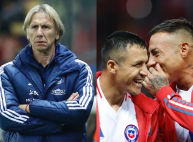 Primer plano de Ricardo Gareca, Alexis Sánchez y Eduardo Vargas.