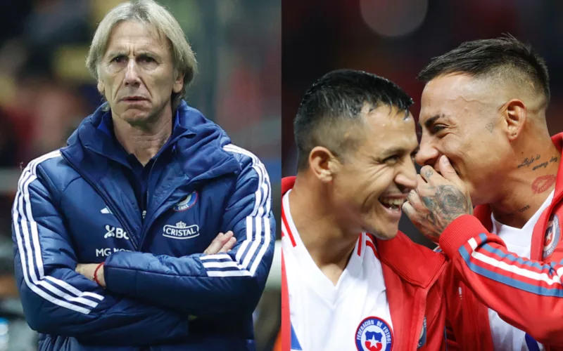 Primer plano de Ricardo Gareca, Alexis Sánchez y Eduardo Vargas.