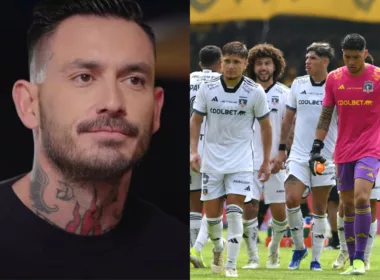 Primer plano de Mauricio Pinilla. Jugadores de Colo-Colo cabizbajos.