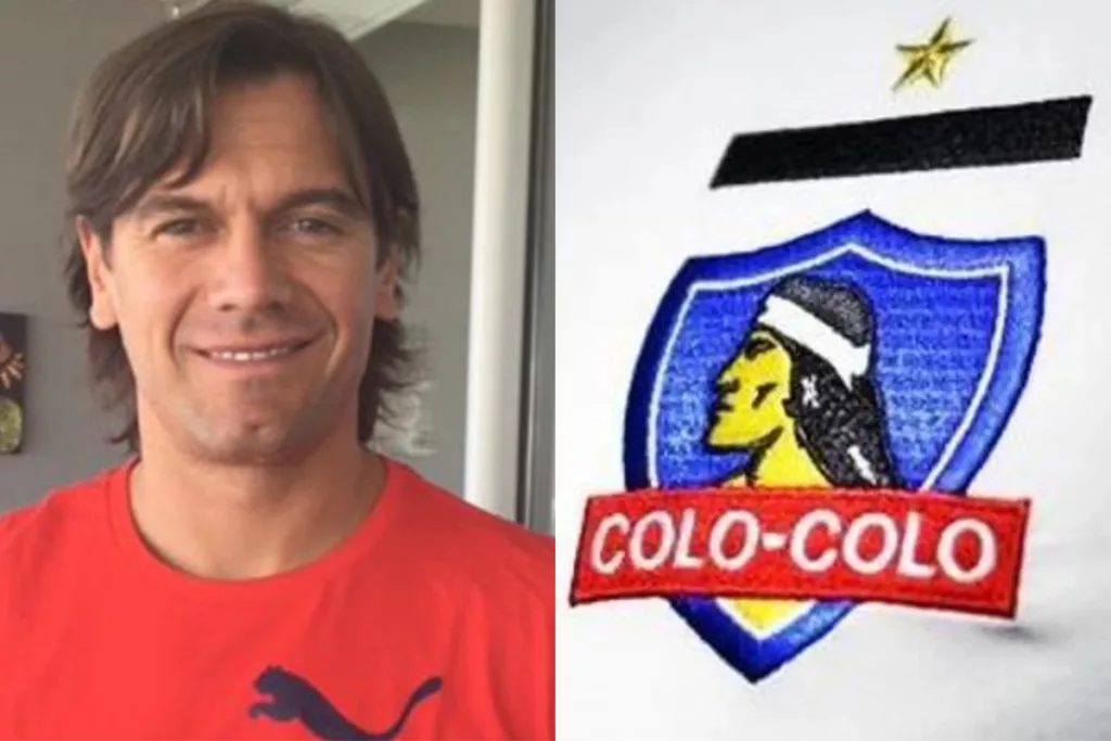 Primer plano de José Luis Villanueva. Escudo de Colo-Colo.