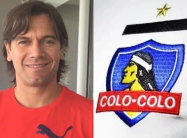 Primer plano de José Luis Villanueva. Escudo de Colo-Colo.