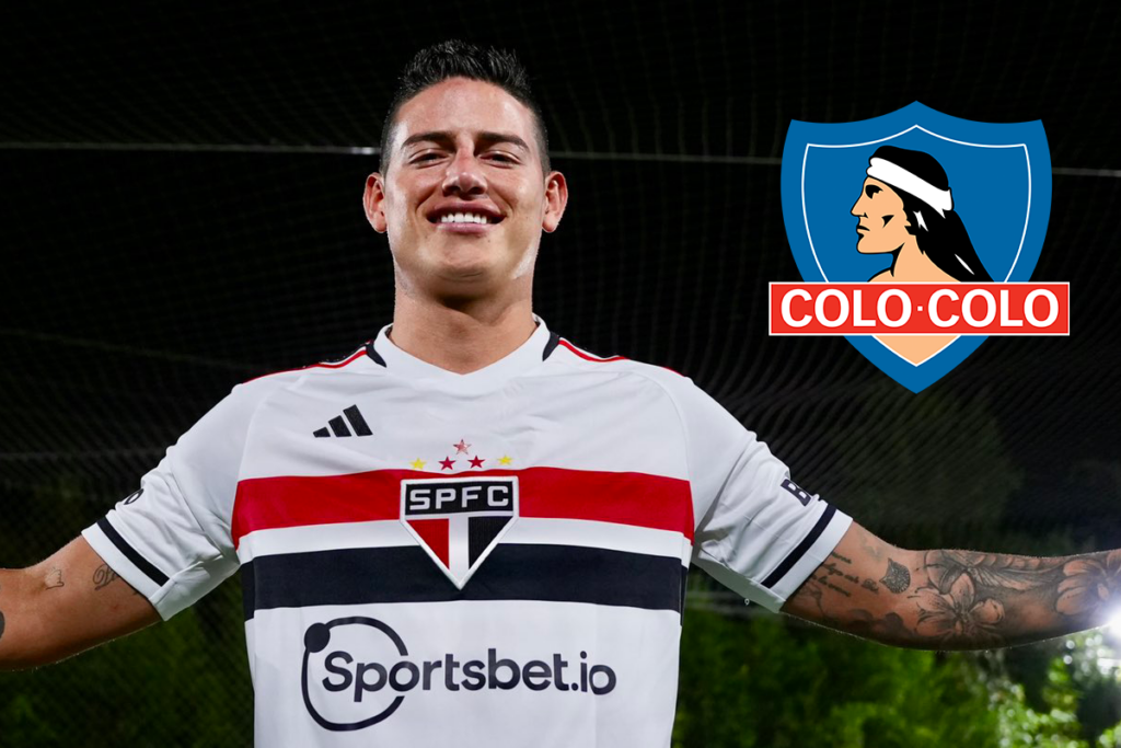 El futbolista James Rodríguez sonríe ante las cámaras con la camiseta de Sao Paulo, mientras que en la fotografía a mano derecha aparece incrustado el logo de Colo-Colo.
