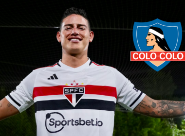 El futbolista James Rodríguez sonríe ante las cámaras con la camiseta de Sao Paulo, mientras que en la fotografía a mano derecha aparece incrustado el logo de Colo-Colo.