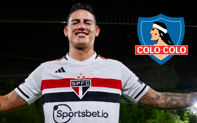 El futbolista James Rodríguez sonríe ante las cámaras con la camiseta de Sao Paulo, mientras que en la fotografía a mano derecha aparece incrustado el logo de Colo-Colo.