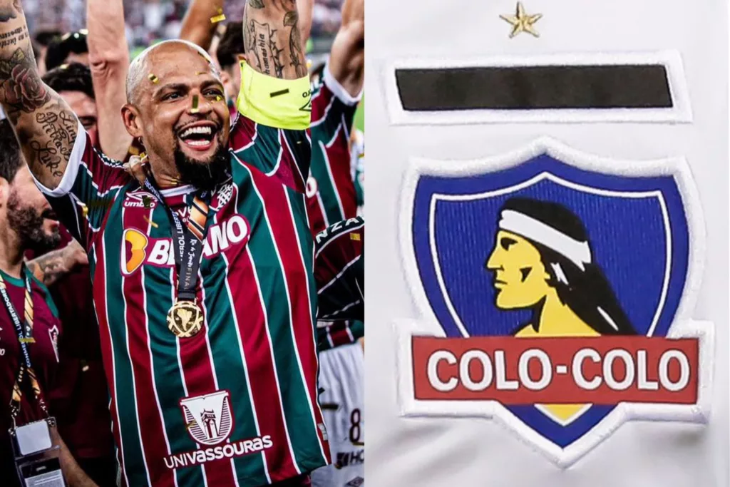 Primer plano a Felipe Melo con la Copa Libertadores y el escudo de Colo-Colo