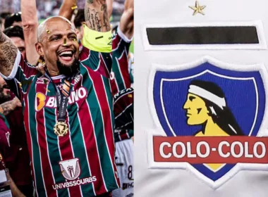 Primer plano a Felipe Melo con la Copa Libertadores y el escudo de Colo-Colo