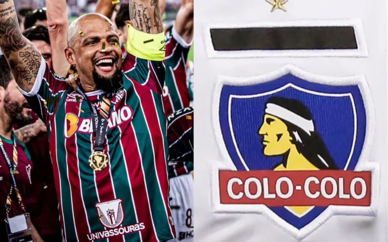 Primer plano a Felipe Melo con la Copa Libertadores y el escudo de Colo-Colo