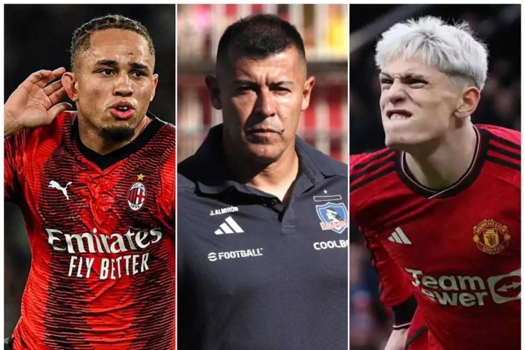 Primer plano a un futbolistas de AC Milán celebrando, mientras que al centro aparece el entrenador Jorge Almirón y a la derecha Alejandro Garnacho eufórico tras anotar un gol con el Manchester United.