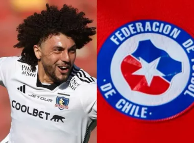 Primer plano a Maximiliano Falcón celebrando su gol contra Unión Española y el escudo de la Selección Chilena