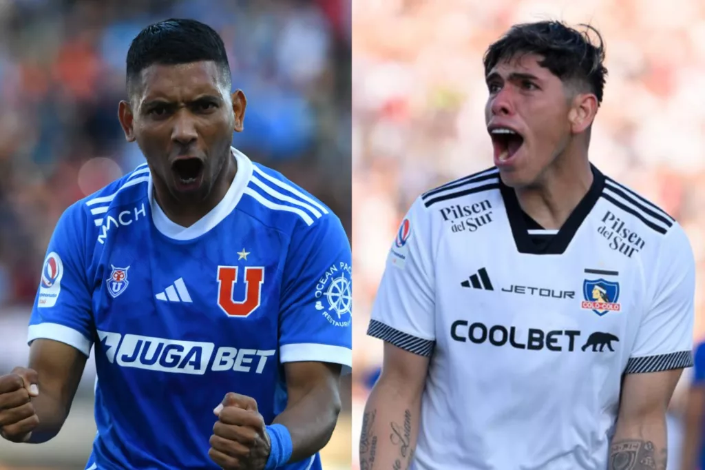 Cristián Palacios y Carlos Palacios celebrando sus goles con la camiseta de Universidad de Chile y Colo-Colo.