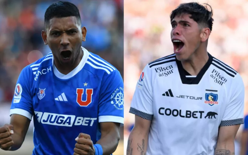 Cristián Palacios y Carlos Palacios celebrando sus goles con la camiseta de Universidad de Chile y Colo-Colo.