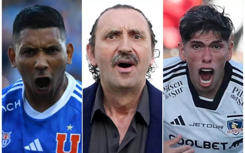 Primer plano al rostro eufórico del jugador Cristián Palacios de Universidad de Chile a mano izquierdo, sumado a un asombrado comediante Gabriel Benni al centro, mientras que Carlos Palacios a mano derecha celebra un gol con la boca abierta con la camiseta de Colo-Colo.