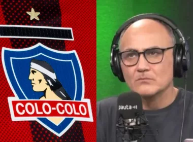 Escudo de Colo-Colo a mano izquierda, mientras que a la derecha aparece el rostro serio del periodista deportivo Fernando Agustín Tapia con un micrófono delante de él.