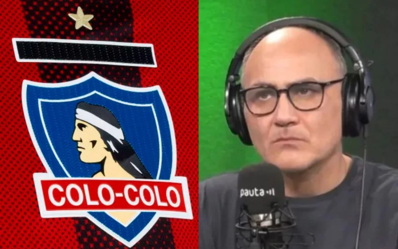 Escudo de Colo-Colo a mano izquierda, mientras que a la derecha aparece el rostro serio del periodista deportivo Fernando Agustín Tapia con un micrófono delante de él.