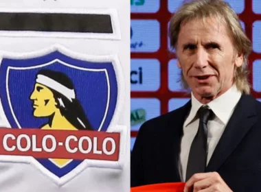 Ricardo Gareca durante su presentación como nuevo entrenador de la Selección Chilena junto al escudo de Colo-Colo.