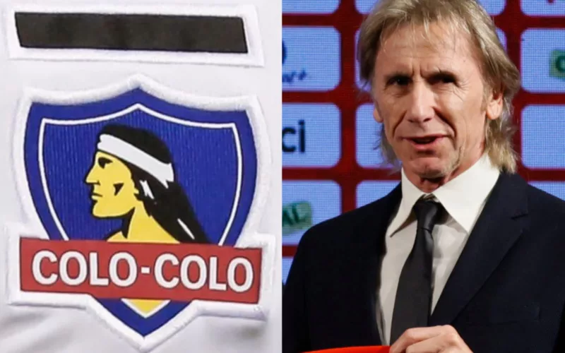 Ricardo Gareca durante su presentación como nuevo entrenador de la Selección Chilena junto al escudo de Colo-Colo.