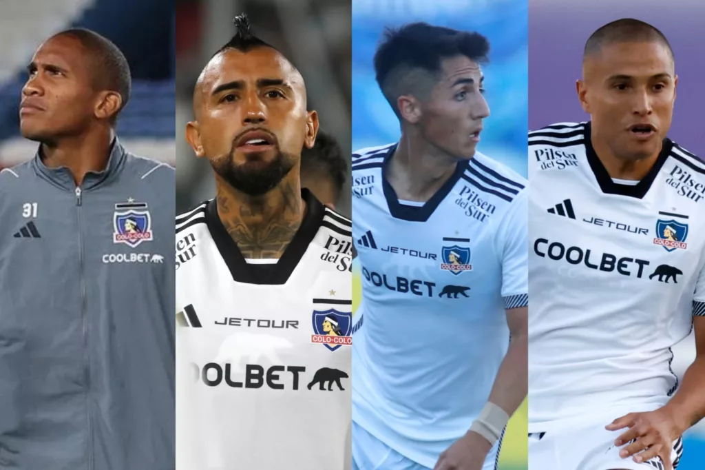 Omar Carabalí, Arturo Vidal, Diego Plaza y Leandro Benegas con indumentaria de Colo-Colo.