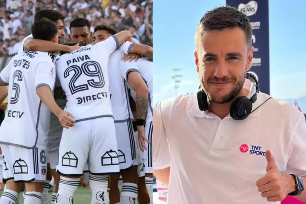 Plantel de Colo-Colo celebrando un gol en el Estadio Monumental y Gonzalo Fouillioux con camiseta de TNT Sports.