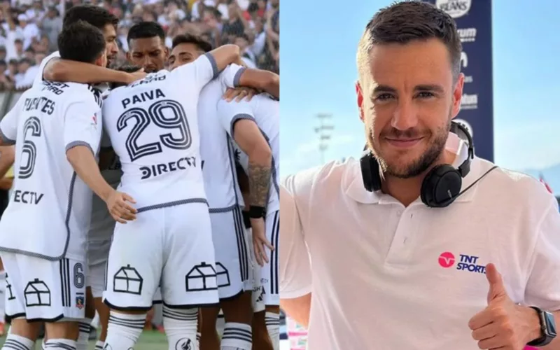 Plantel de Colo-Colo celebrando un gol en el Estadio Monumental y Gonzalo Fouillioux con camiseta de TNT Sports.