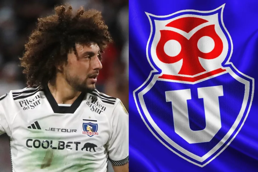 Primer plano a Maximiliano Falcón de perfil y el escudo de Universidad de Chile