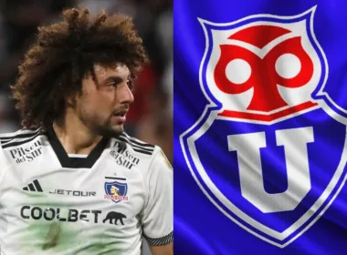 Primer plano a Maximiliano Falcón de perfil y el escudo de Universidad de Chile