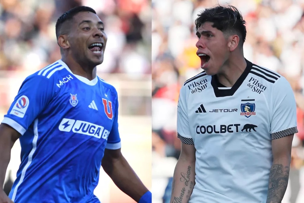 Cristian Palacios y Carlos Palacios celebrando goles con las camisetas de Colo-Colo vs Universidad de Chile, respectivamente.