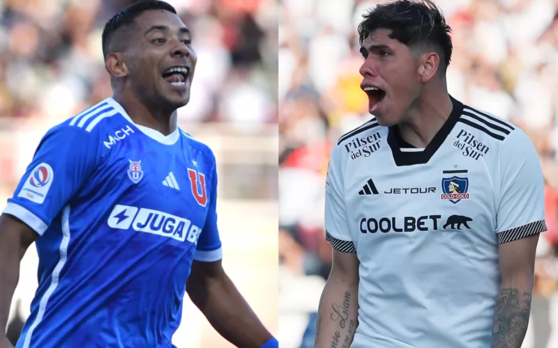 Cristian Palacios y Carlos Palacios celebrando goles con las camisetas de Colo-Colo vs Universidad de Chile, respectivamente.