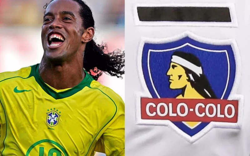Primer plano a Ronaldinho con la camiseta de Brasil y el escudo de Colo-Colo