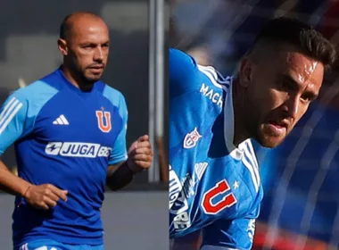 Primer plano a Marcelo Día y Matías Zaldivia con indumentaria de la Universidad de Chile.