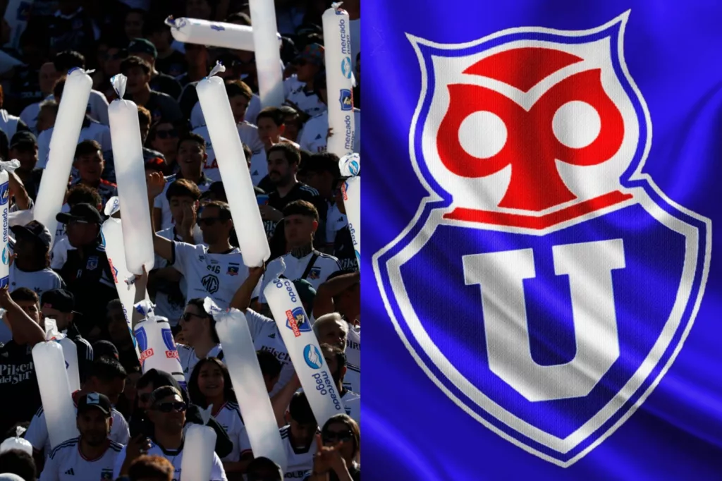 Hinchas de Colo-Colo en el Estadio Monumental y el escudo de Universidad de Chile