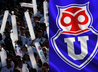 Hinchas de Colo-Colo en el Estadio Monumental y el escudo de Universidad de Chile