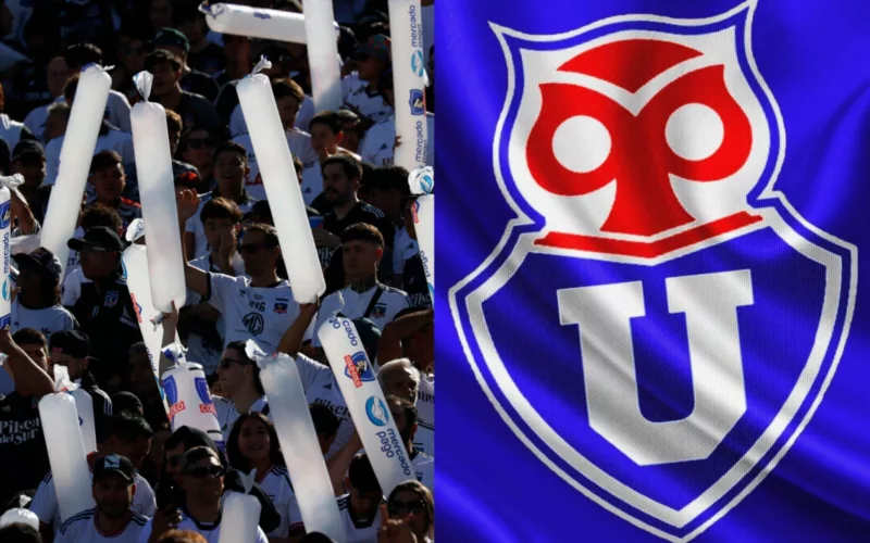 Hinchas de Colo-Colo en el Estadio Monumental y el escudo de Universidad de Chile