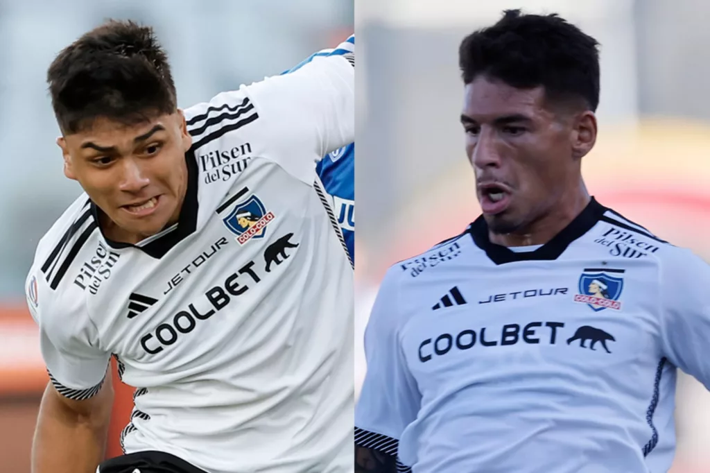 Primer plano a Damián Pizarro y Alan Saldivia con la indumentaria de Colo-Colo.