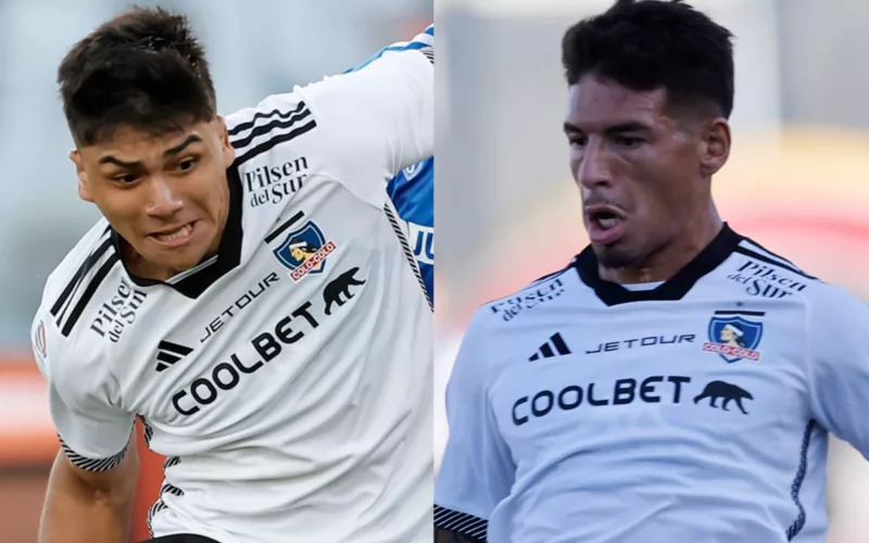 Primer plano a Damián Pizarro y Alan Saldivia con la indumentaria de Colo-Colo.