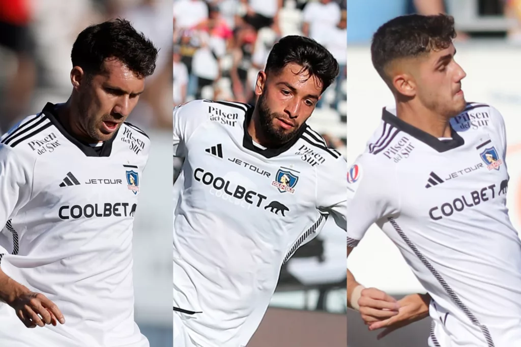 Primer plano a César Fuentes, Jeyson Rojas y Bruno Gutiérrez con la camiseta de Colo-Colo.