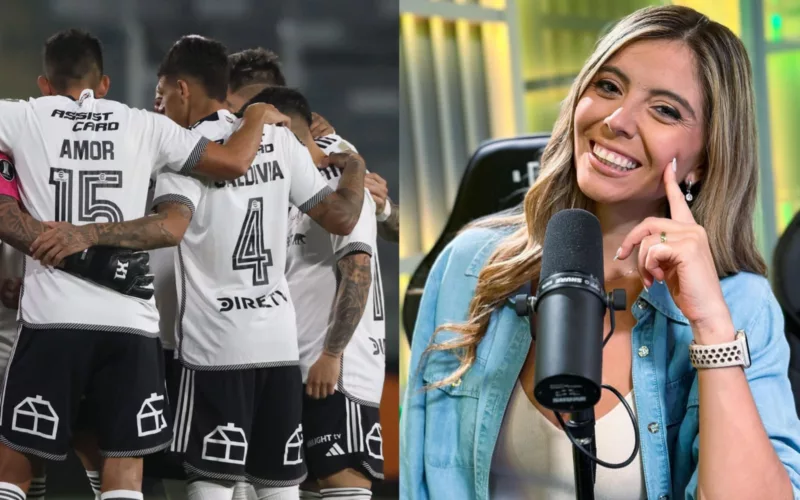 Verónica Bianchi junto a un micrófono de radio y el plantel de Colo-Colo reunido antes de enfrentar a Sportivo Trinidense en el Estadio Monumental,