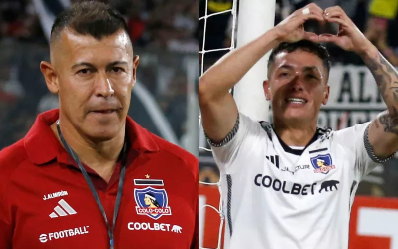 Primer plano a los rostros de Jorge Almirón y Cristián Zavala con indumentaria de Colo-Colo.