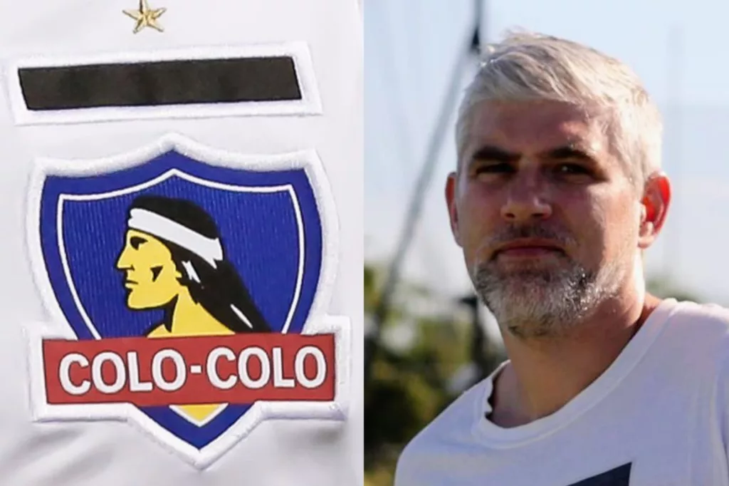 Primer plano a Manuel de Tezanos con cara seria y el escudo de Colo-Colo