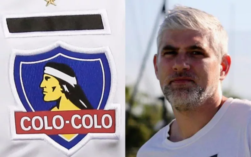 Primer plano a Manuel de Tezanos con cara seria y el escudo de Colo-Colo