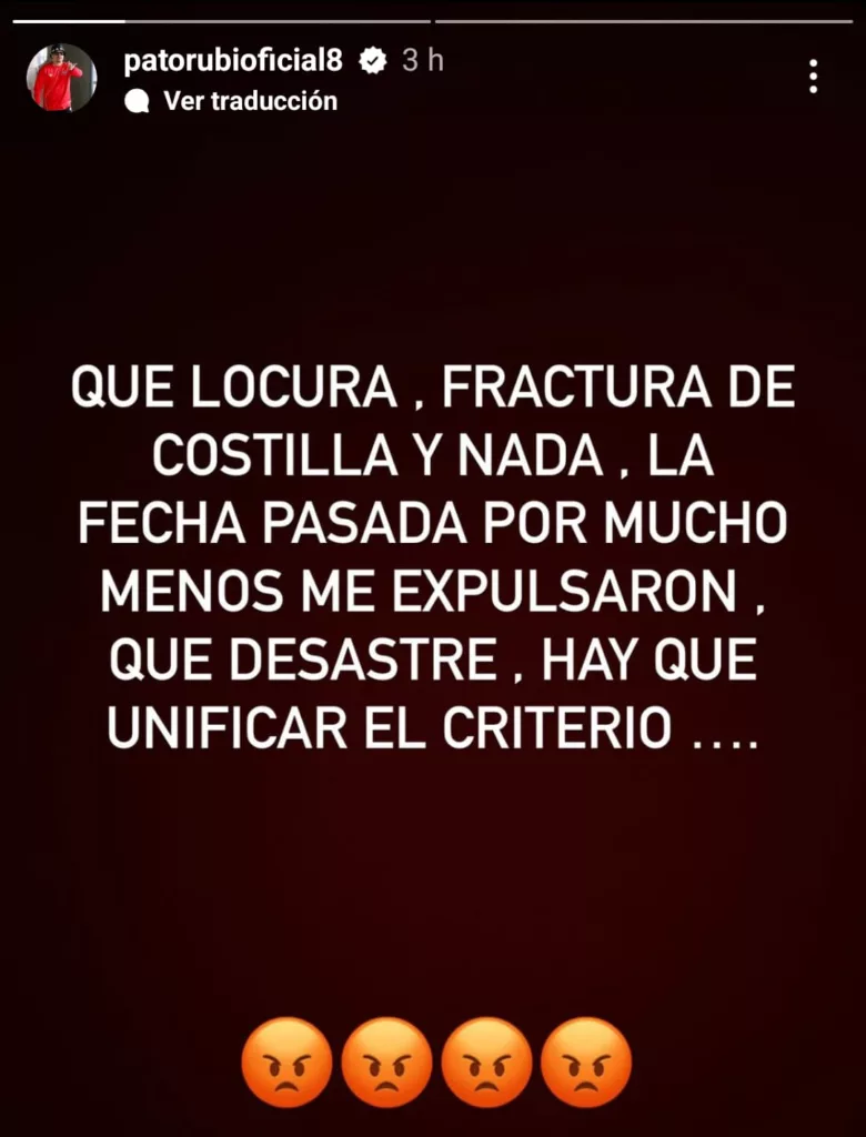 Reclamos Patricio Rubio en Instagram por la jugada de Maximiliano Falcón y Dixon Pereira.