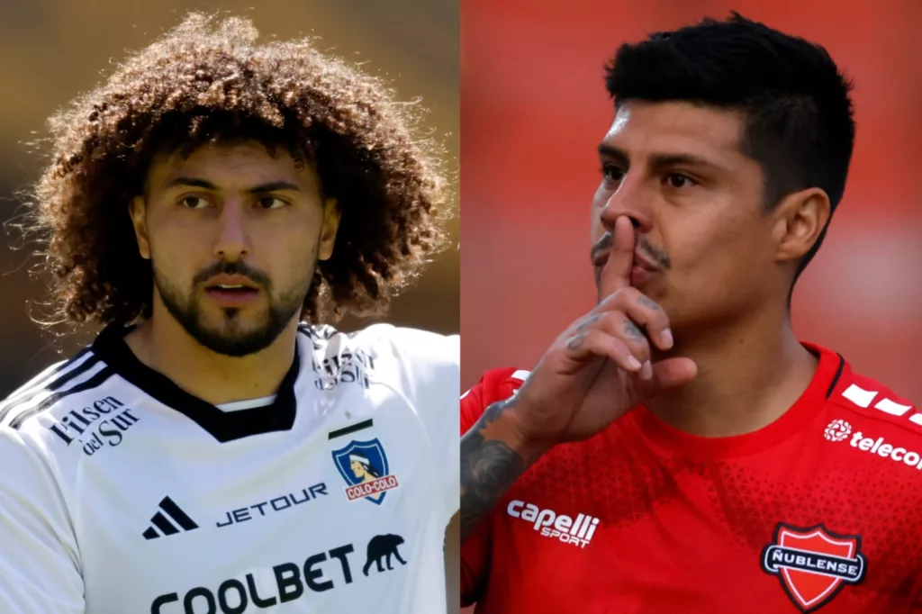 Primer plano a los rostros de Patricio Rubio y Maximiliano Falcón con camiseta de Ñublense y Colo-Colo respectivamente.