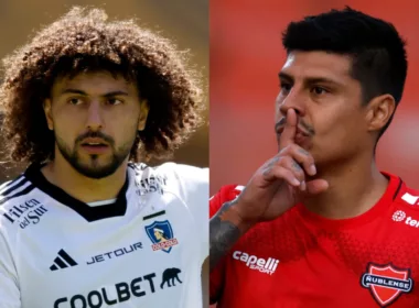 Primer plano a los rostros de Patricio Rubio y Maximiliano Falcón con camiseta de Ñublense y Colo-Colo respectivamente.