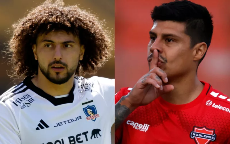 Primer plano a los rostros de Patricio Rubio y Maximiliano Falcón con camiseta de Ñublense y Colo-Colo respectivamente.