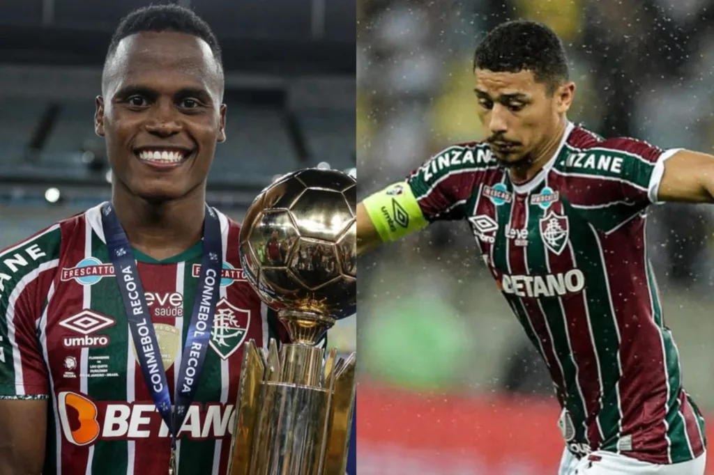 Primer plano a Jhon Arias y André con la camiseta de Fluminense.