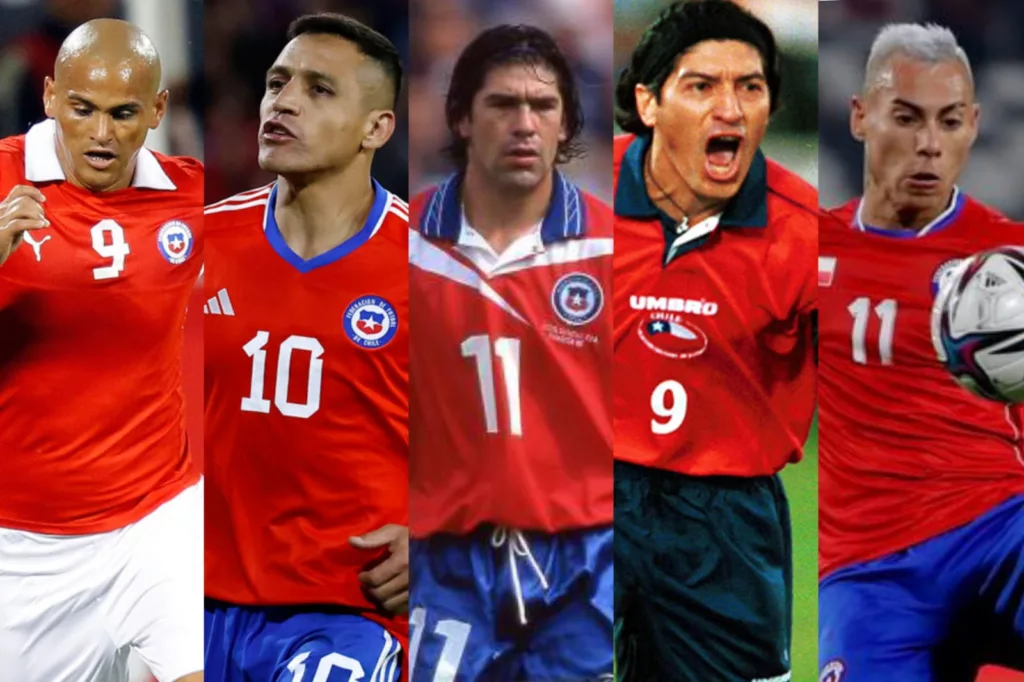 Humberto Suazo, Alexis Sánchez, Marcelo Salas, Iván Zamorano y Eduardo Vargas con la Selección Chilena.